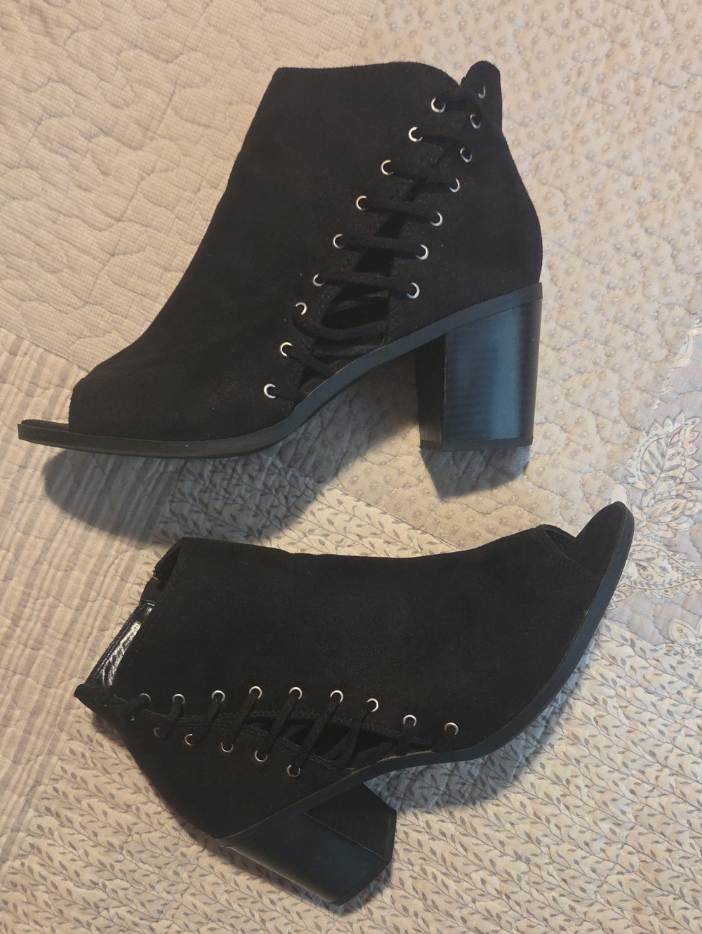 Soda Black Lace-Up Peep Toe Block Heel Booties